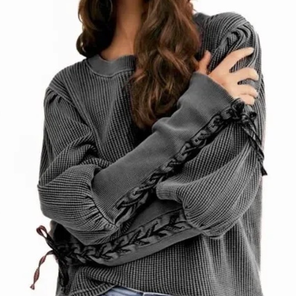 Free People One Tasha Thermal Waffle Knit Top Tie Sleeves Light Charcoal Large - Picture 1 of 10